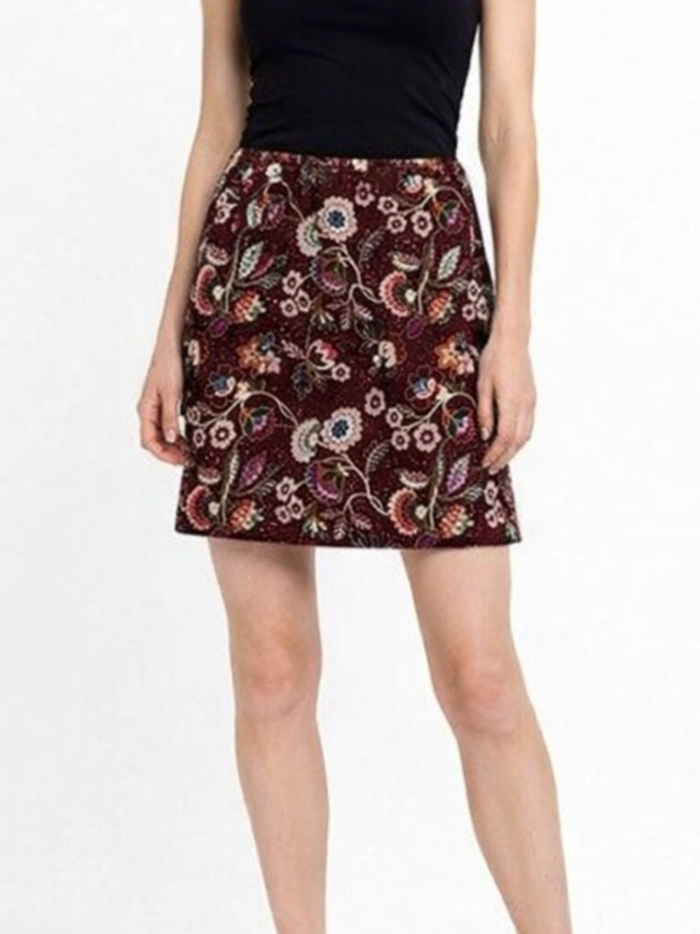 NWOT LOFT Outlet Women’s Size 4P Maroon Jacobean Floral Tapestry Skirt